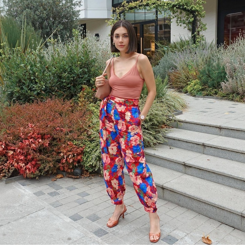 Zara High Rise Baggy Belted Floral Cottagecore Pants Womens Size XL